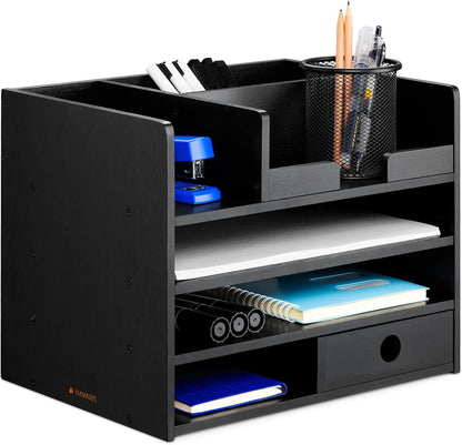 Navaris Bamboo Desk Organizer - Wood Desktop Storage Drawers and Compartments for Organizing Stationery, Documents, Files, Office Accessories
