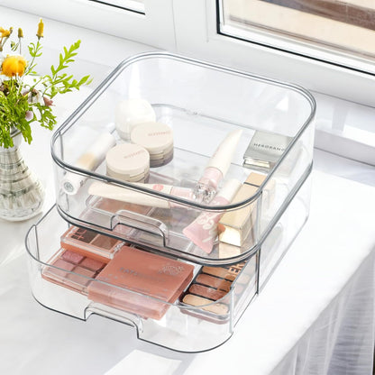Set of 2 Stackable Storage Drawers - 6.7" Clear Plastic Drawer Storage, Acrylic Makeup Organizer, Desk Counter Cabinet Office Organizer, Bathroom Organizers and Storage (Modern/Set of 2)