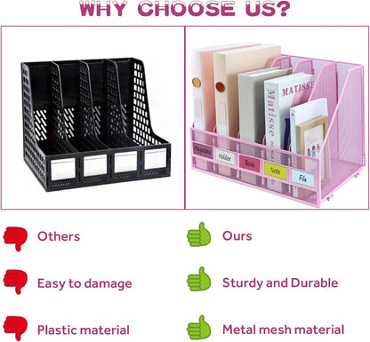 Desk Organizers, Metal Magazine File Holder with 5 Vertical Compartments Rack Binder File Organizer for Office Supplies, Home Workspace - Black