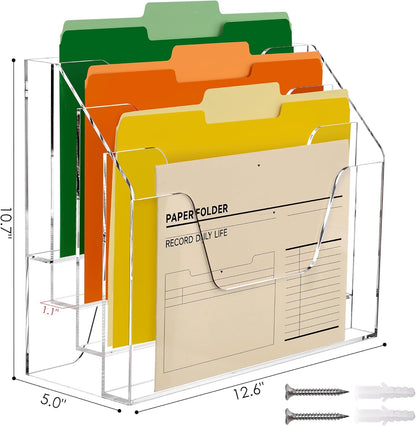 DINGHUO Acrylic Hanging Wall File Folder Organizer for Desk, Clear 3 Tier Document Paper Magazine Holder for Home, Office Organization, School - 1 Pack