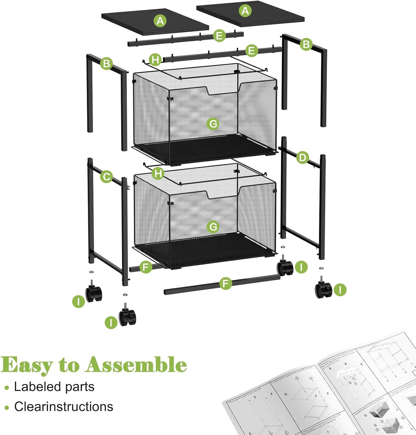 Sbanmao Letter/Legal Rolling File Cart with 2 Storage Drawers, Under Desk Storage, Vertical Filing Cabinet for Home Office, Hanging File Folders Organizer, Mobile Utility Cart Printer Stand, Black