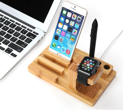 Bamboo Wood Multi-Device Desktop Charging Dock Station Charger Holder Cradle Charge Stand for iPhone 16 15 14 13 12 11 Pro Max iWatch 2 3 4 5 Compatible with iPad Mini Air Pro 2 3 Smartphones