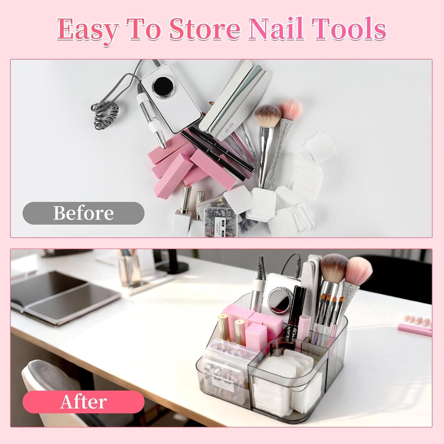 BQAN Transparent Acrylic Nail Desk Organizer with Spinning Drawer, Drill & Brush Holder, Desktop Manicure Tool Storage for Nail Techs, Makeup, Skin Care (Black) - Professional Salon or Home Use