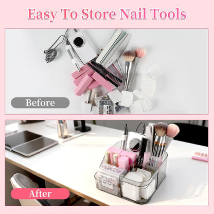 BQAN Transparent Acrylic Nail Desk Organizer with Spinning Drawer, Drill & Brush Holder, Desktop Manicure Tool Storage for Nail Techs, Makeup, Skin Care (Black) - Professional Salon or Home Use