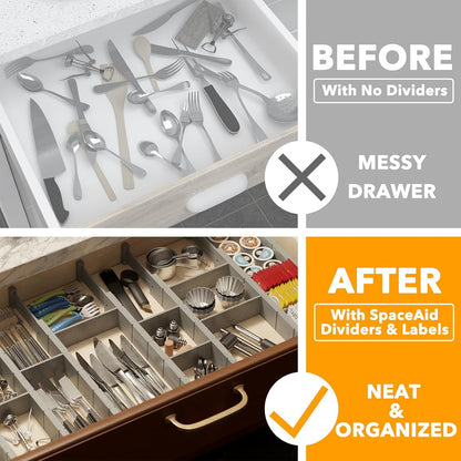 SpaceAid Bamboo Drawer Dividers with Inserts and Labels, Kitchen Adjustable Drawer Organizers, Expandable Organization for Home, Office, Dressers, 4 Dividers with 9 Inserts (17"-22" Natural)