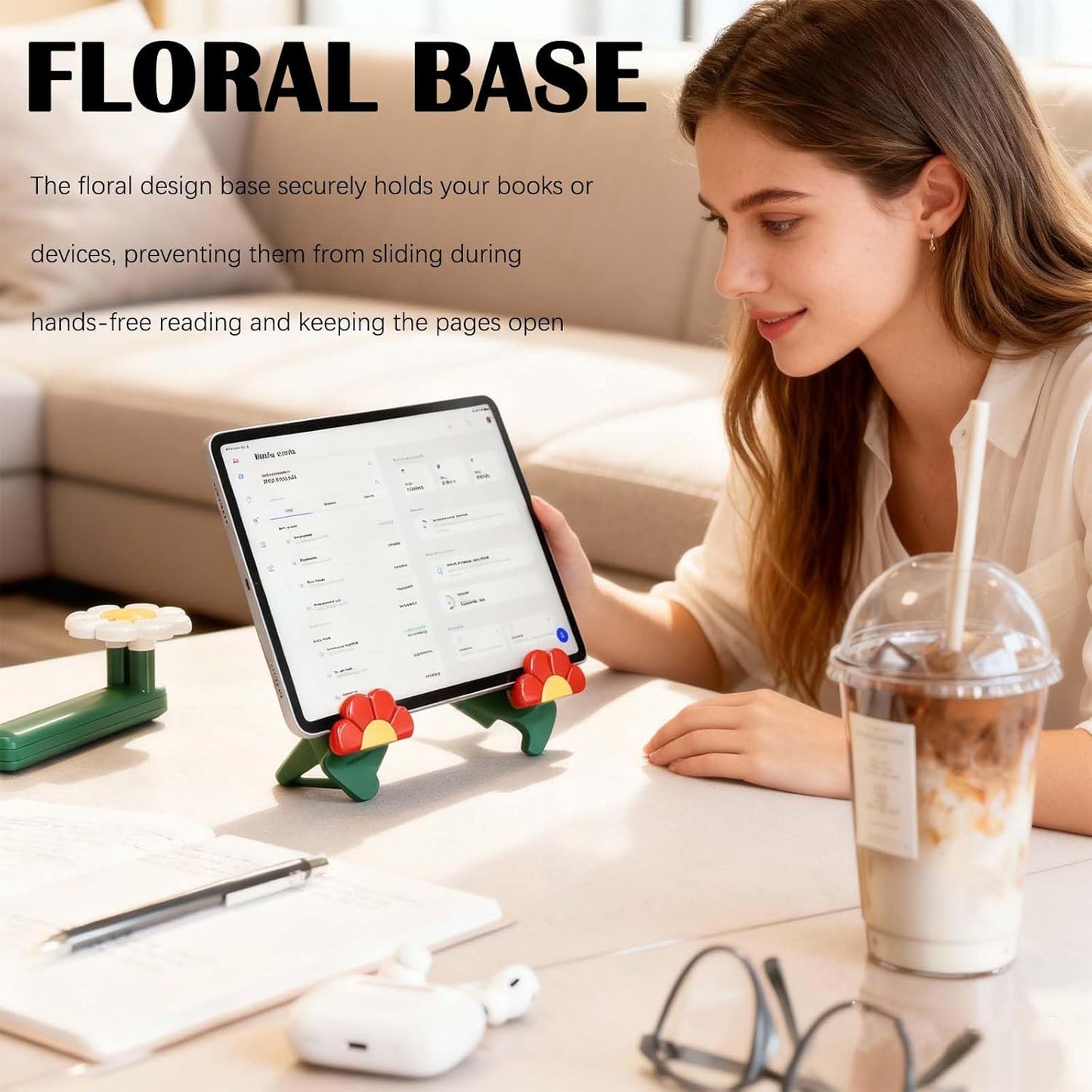 Floral Book Stand for Reading - Adjustable Foldable Desktop Holder for Tablets, Magazines, Cookbooks, Hands-Free Display at Home Office (White)