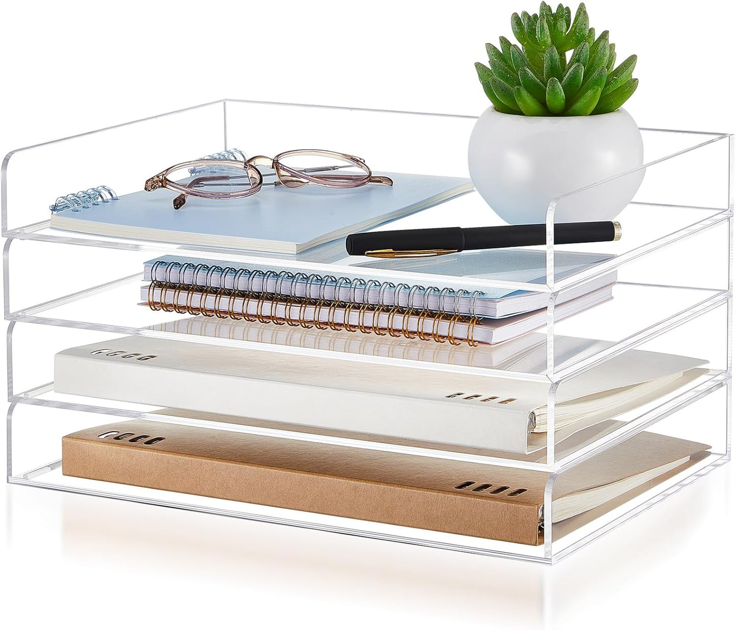 Harloon 4 Tier Paper Organizer Letter Tray Acrylic Desk File Organizer Heavy Duty Stackable Documents Clear Letter Paper Holder Sorter Office Tray for A4, Office Classroom Home File Pad Notebooks
