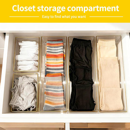 4 Pack Large Size Clear Stackable Drawer Organizer Trays, Gold Rim Makeup Drawer Storage Tray Divider, Desk Storage for Makeup, Jewelry, Bathroom, Stationary, Kitchen Utensils and Office Desk