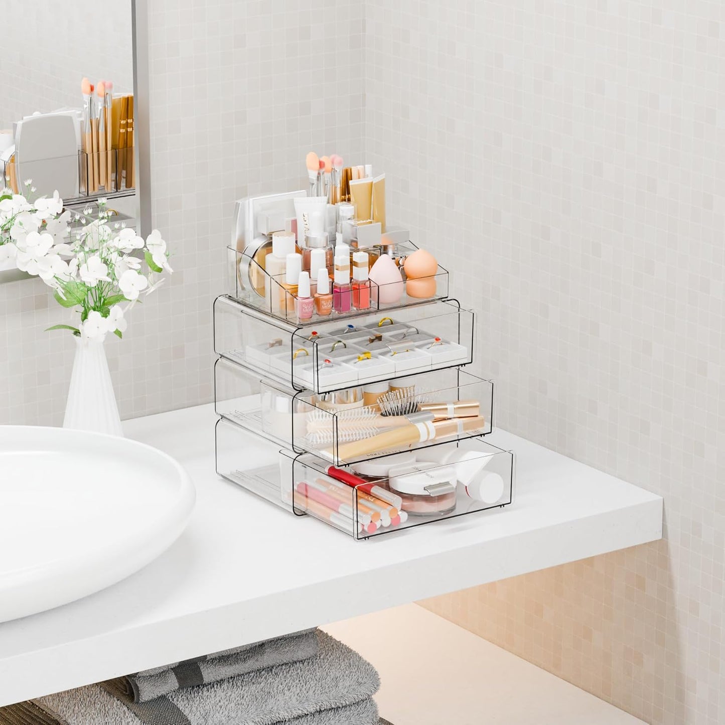 Yieach Clear Acrylic Makeup Organizers Countertop for Dresser,Desk,Bathroom Vanity,3 Tier Stackable Make up Holders and Makeup Cabinet,Tiered Cosmetic Storage and Make up Containers for Palette,Brush