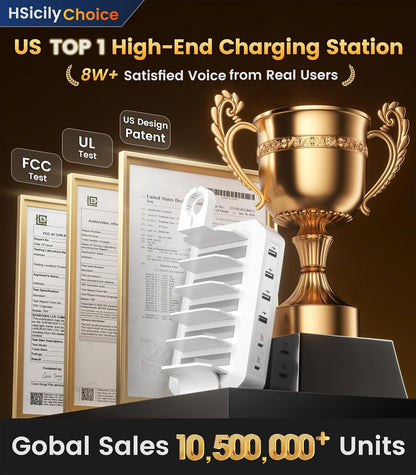 95W Fast Charging Station for Multiple Devices【UL & FCC Tested Safer Charging】 6-Port USB Charging Dock with 2 PD-Port, Compatible with iPhone/Android/MacBook/iPad/Tablet/Kindle(8 Cables Included)