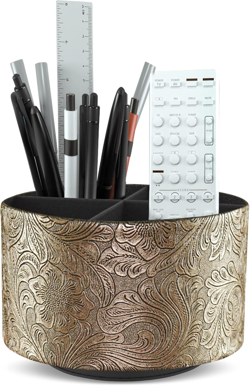 lizimandu Round Leather Art Supply Organizer,Remote Control Holder,360 Degree Spinning,Multi-Functional Pencil Holder,4 Compartments Desktop Stationary Organizer(1-Gold) - Colors A