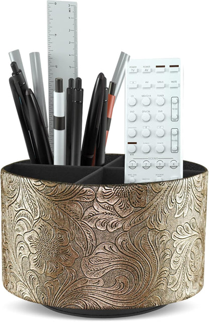 lizimandu Round Leather Art Supply Organizer,Remote Control Holder,360 Degree Spinning,Multi-Functional Pencil Holder,4 Compartments Desktop Stationary Organizer(1-Gold) - Colors A