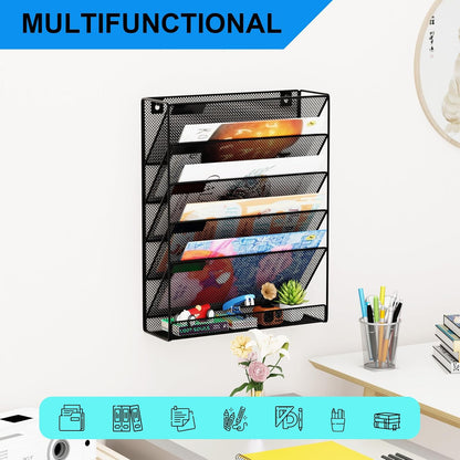 Wall File Organizer Holder Mesh Hanging Paper Document Holder,Vertical 6 Pocket Tier for Office Home, Black