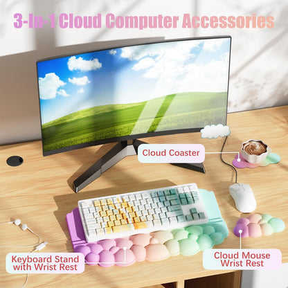 Ergonomic Wrist Rest for Keyboard and Mouse, Soft Memory Foam Cloud Keyboard Stand Pad with Wrist Rest Set, Easy Typing, Pain Relief, Comfort for Office, Work, Gaming - White