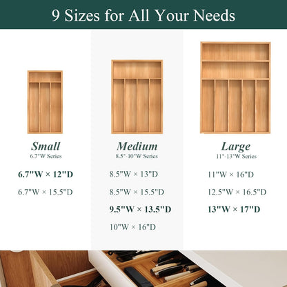 Small Silverware Organizer, Bamboo Kitchen Drawer Organizer, Utensil Holder, Cutlery Tray & Spoon Flatware Storage with Grooved Drawer Dividers (6.7''W x 12''D)