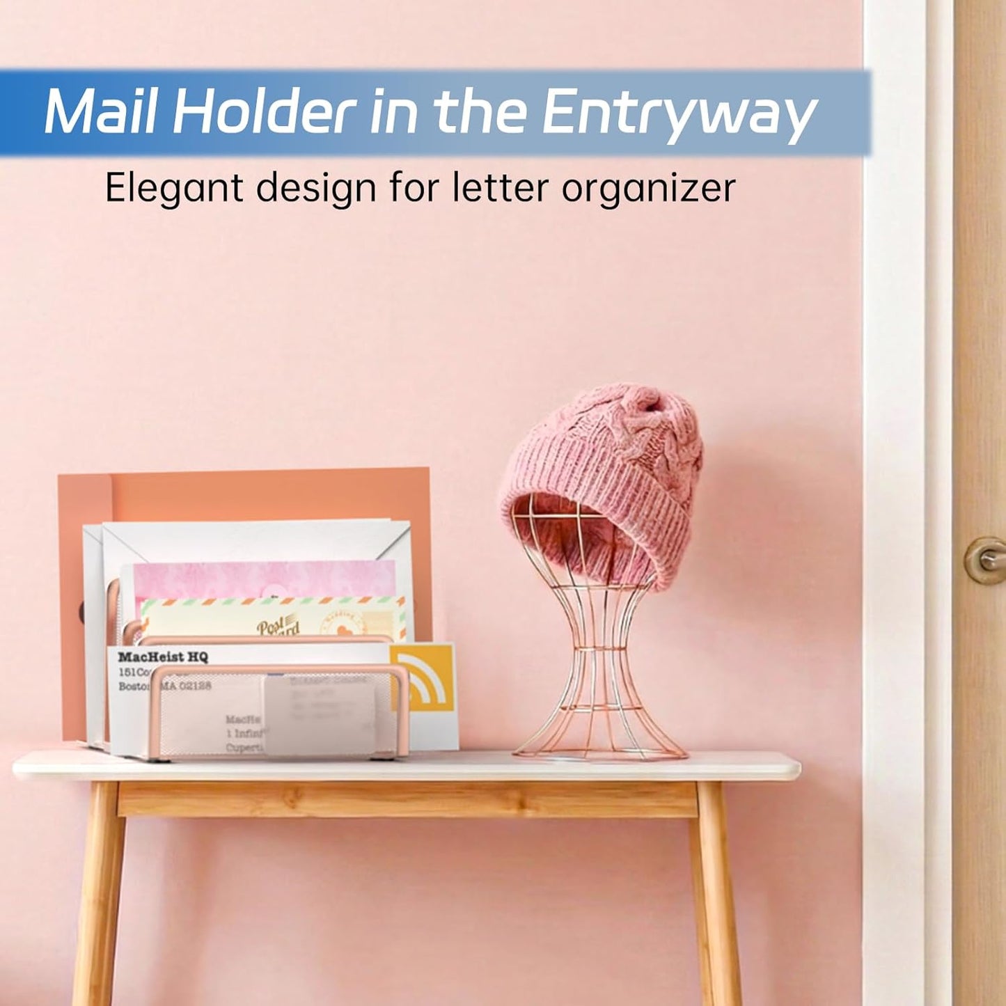 Mail Organizer Countertop with 5 Slot, Metal Mail Holder for Desk, File Holder Letter Sorter for Envelope, Bill and Document (Rose Gold)
