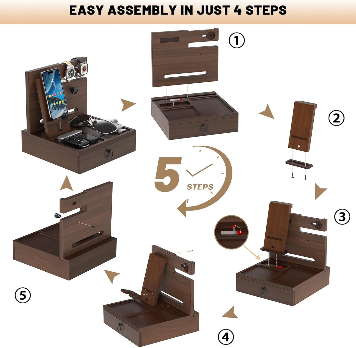 Wood Phone Docking Station with USB Ports and Outlets, Nightstand Organizer with Charging Station, Bedside Organizer with Drawer for Watch & Accessories, Christmas Anniversary Birthday Gifts for Men