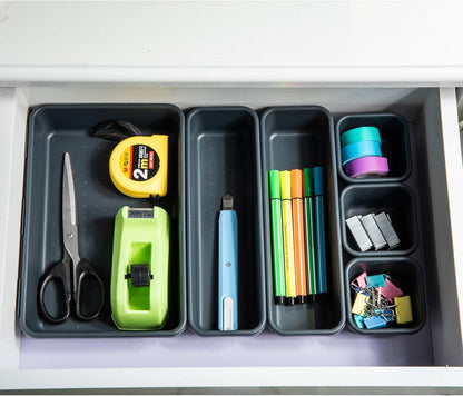 Gonice 13 PCS Drawer Organizer Tray, Interlocking Office Desk Drawer Storage, Black Plastic Organizer Bins for Office Supplies and Tools, Desk Drawer Organizer for Bathroom and Kitchen