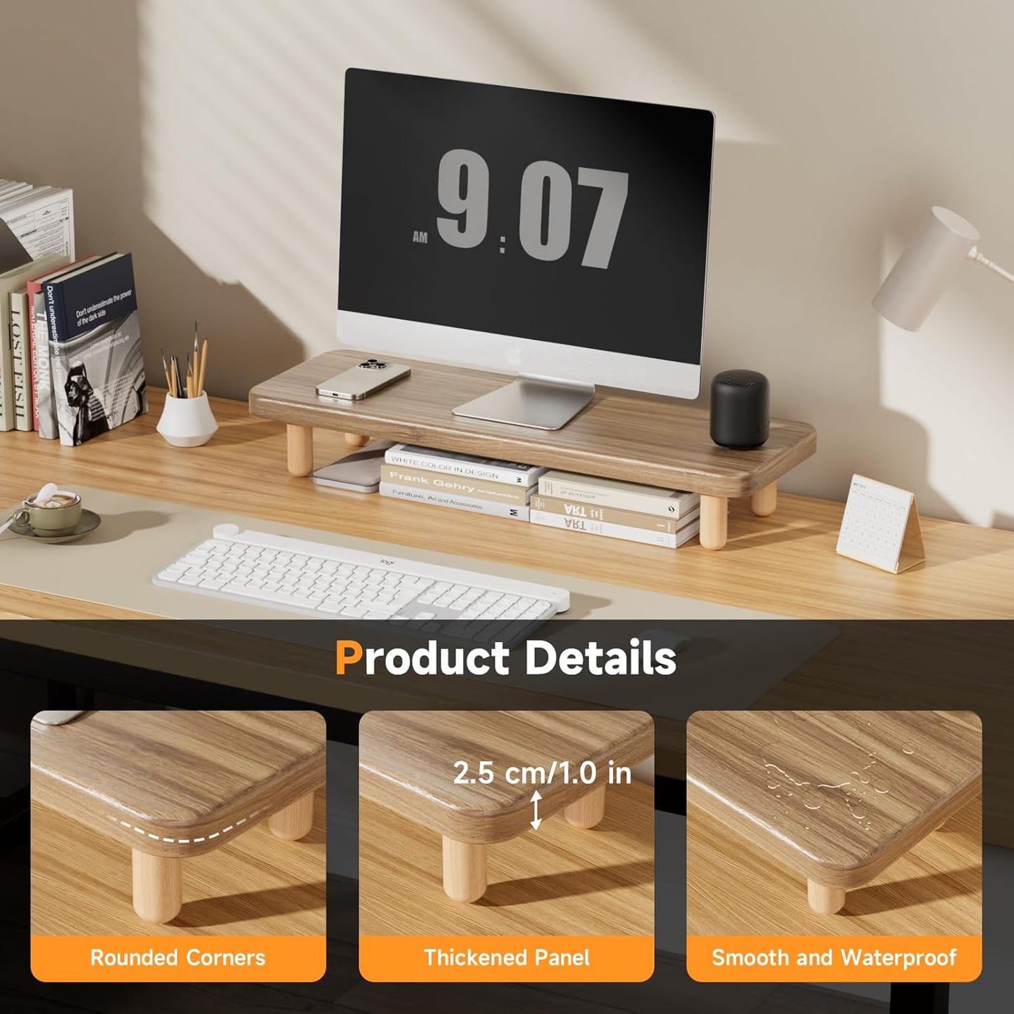 Monitor Stand Riser, 24 Inch Wood Desk Organizer with Monitor Stand & Storage Computer Monitor and Laptop Riser Multifunctional Laptop Stand Desk Organizer for Office Home Screen/Laptop/PC (Light Walnut)