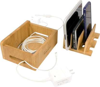Bamboo Charging Station & Multi-Device Organizer – Large Capacity Desktop Dock for Smartphones, iPhone, iPad, and Tablets
