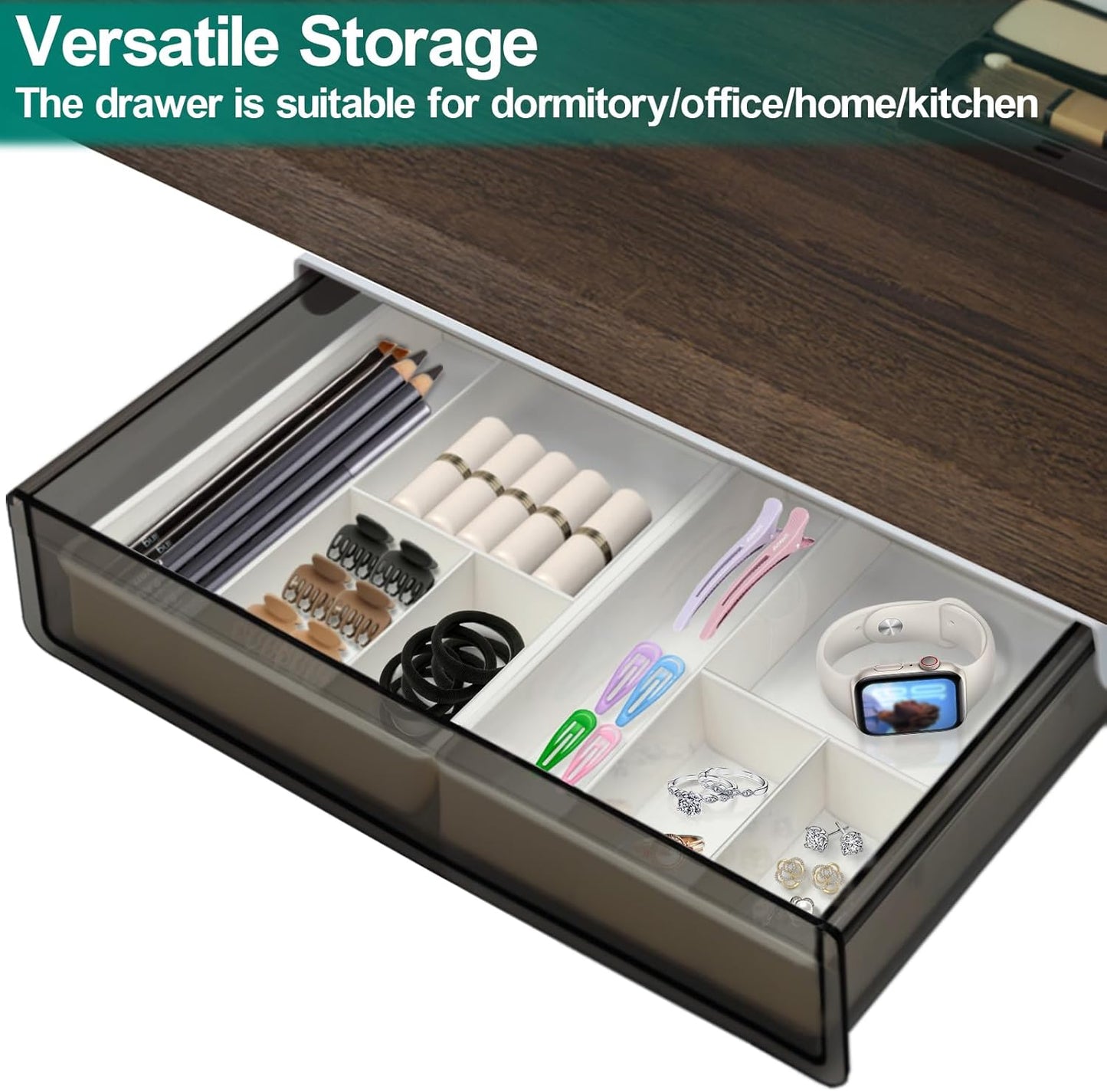 SVNNELP Under Desk Table Drawer Storage Organizer, Slide Out Drawer with 4 Compartments Divider,Pencil Storage Self-Adhesive Tray Under Table (M/Clear Black+White)