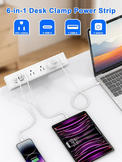 Nightstand Charging Station with 4 USB-C&2 QC 3.0 USB A Ports 3 AC Outlet, Desk Edge Mount Power Strip with USB-C Ports Tabletop Surge Protector Desk Clamp Power Strip for Home Office(Black)