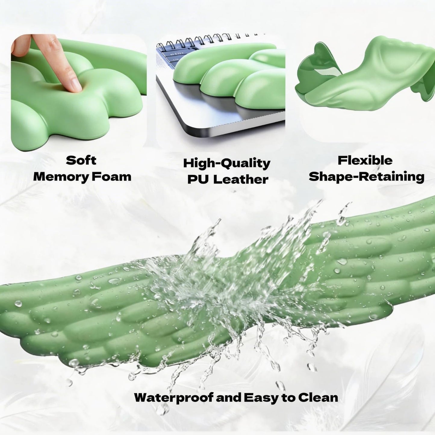 Angel Wing Wrist Rest Ergonomic Memory Foam Wrist Rest for Computer Keyboard Mouse Set with Cup Mat, Cute Gaming Keyboard Cushion Hand Support PU Leather Surface Anti-Slip Waterproof（White）