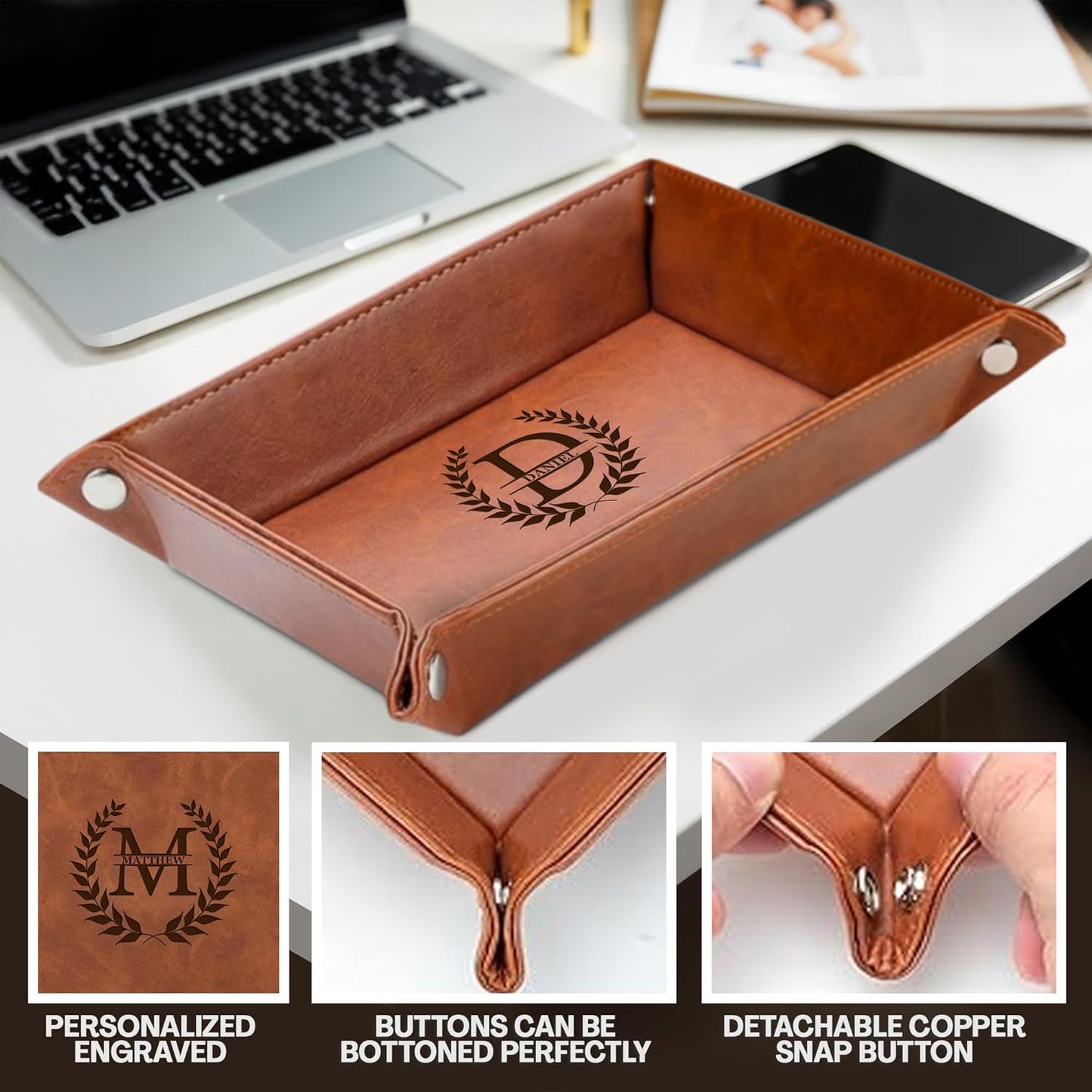 Personalized Engraved Leather Tray for Men with Engraved Name, PU Leather Valet Organizer for Dad, Custom Gift for Him, Custom Catchall Tray for Desk, Office, Accessories Travel Organizer for Men