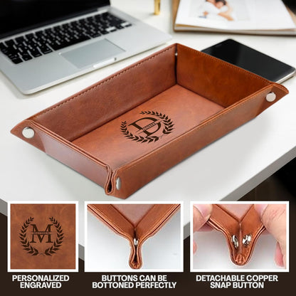 Personalized Engraved Leather Tray for Men with Engraved Name, PU Leather Valet Organizer for Dad, Custom Gift for Him, Custom Catchall Tray for Desk, Office, Accessories Travel Organizer for Men