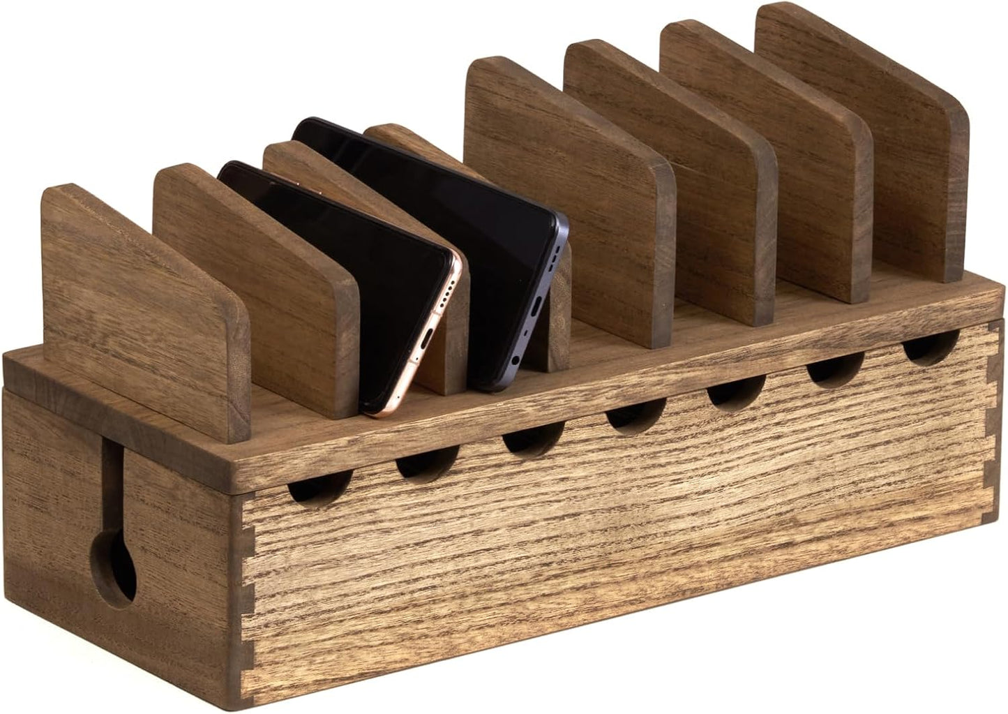 KIRIGEN Charging Station Organizer for Multiple Devices Desktop Organizer Wooden Cable Management with 7 Ports for Cell Phones, Tablets, Earphones GDXH-DBR