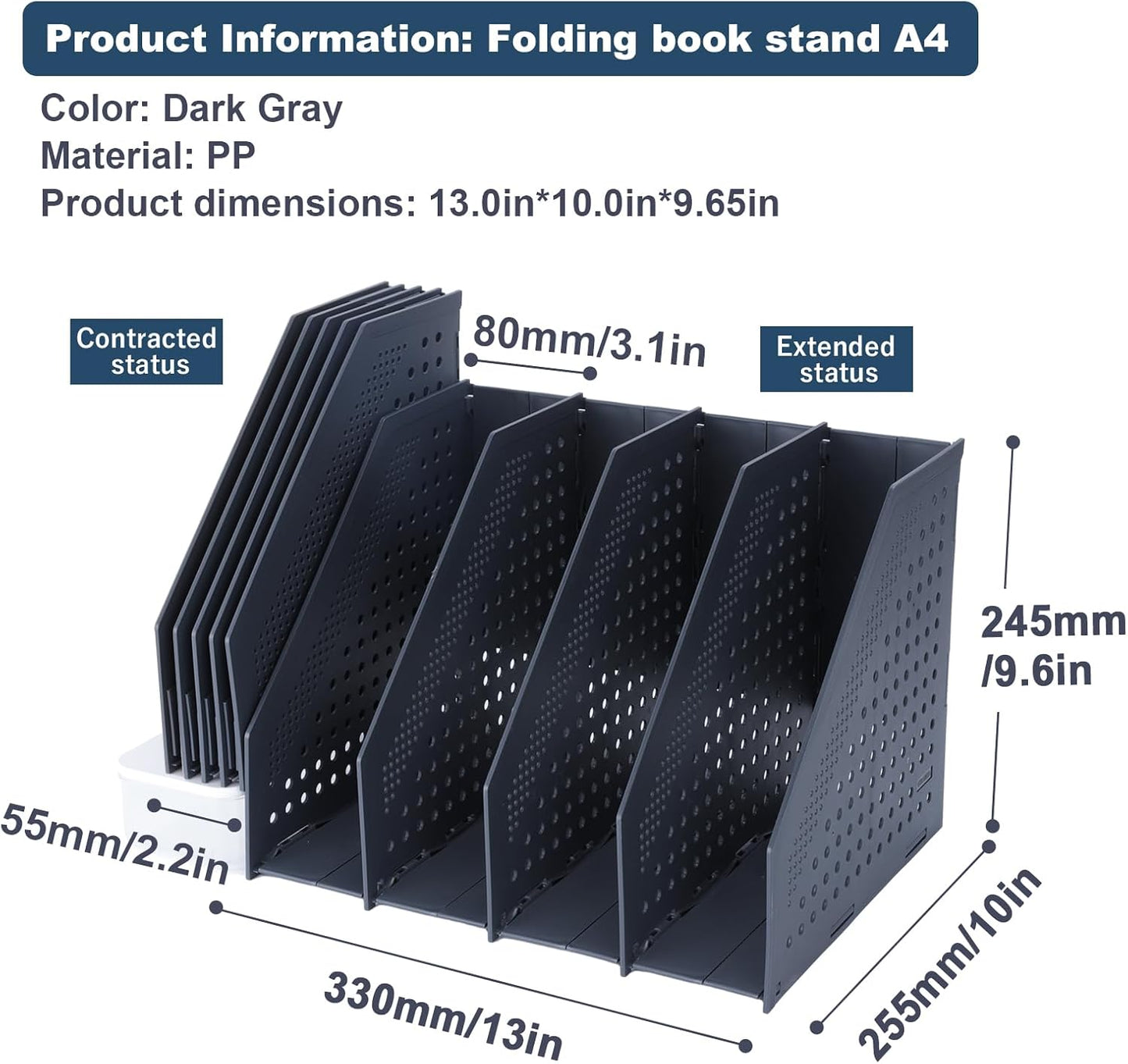 FRETONBA Collapsible Magazine File Holder with 2 Vertical Compartments Foldable Binder Holder for Desk Binder Storage Organizer Plastic Magazine Holders for Shelf, Dark Gray