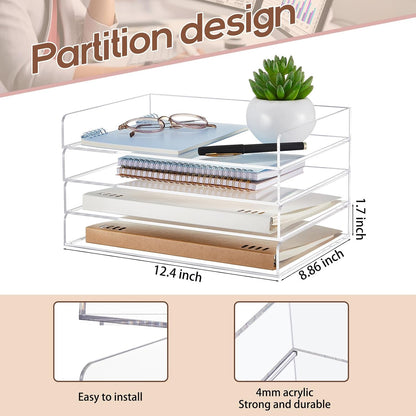 Harloon 4 Tier Paper Organizer Letter Tray Acrylic Desk File Organizer Heavy Duty Stackable Documents Clear Letter Paper Holder Sorter Office Tray for A4, Office Classroom Home File Pad Notebooks