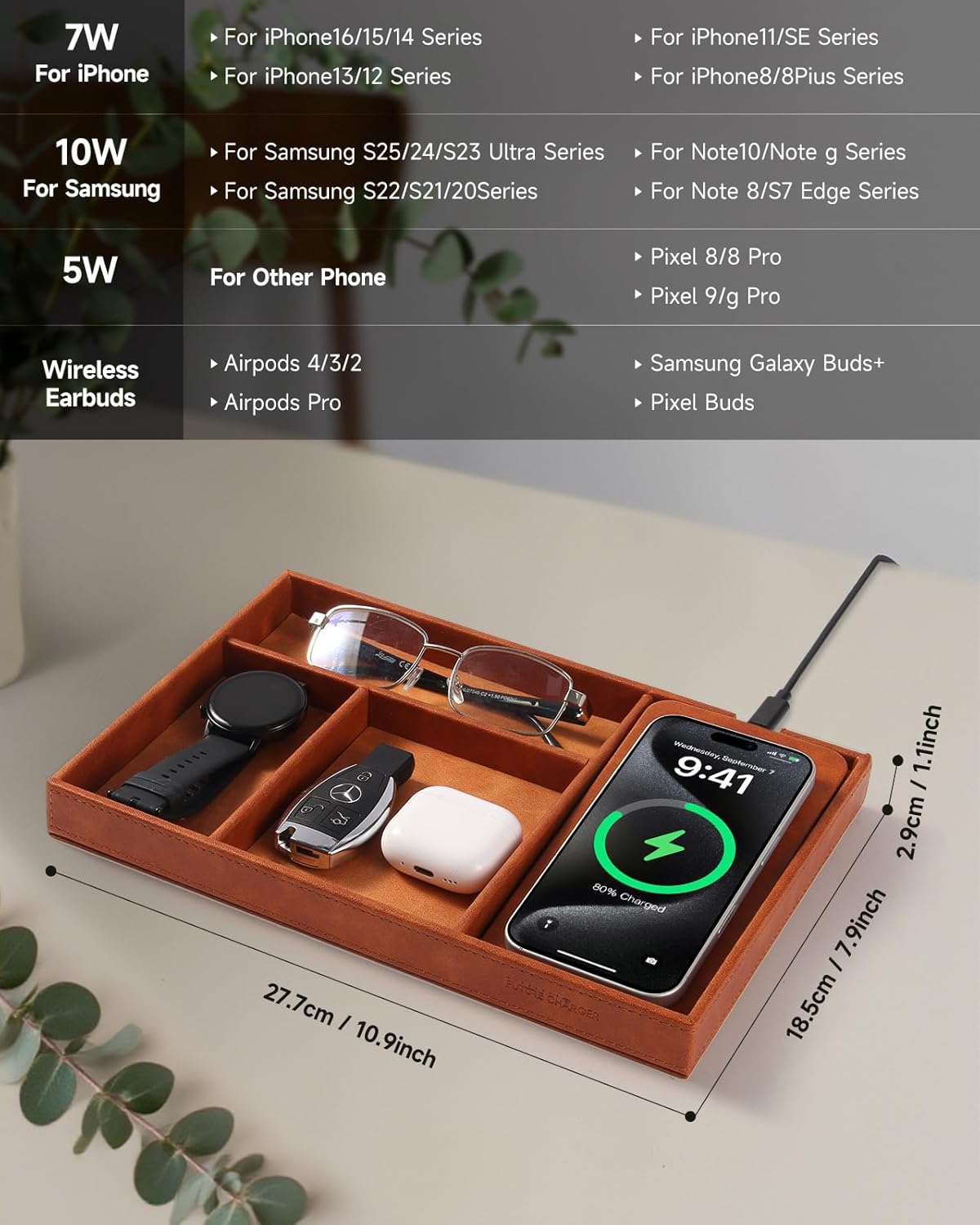 Valet Tray, Built in Wireless Charging Pad, Nightstand Organizer, Dresser Organizer, Mens Jewelry Box, Valet Charging Station, Faux Leather Valet Tray for Men and Women, (Black)