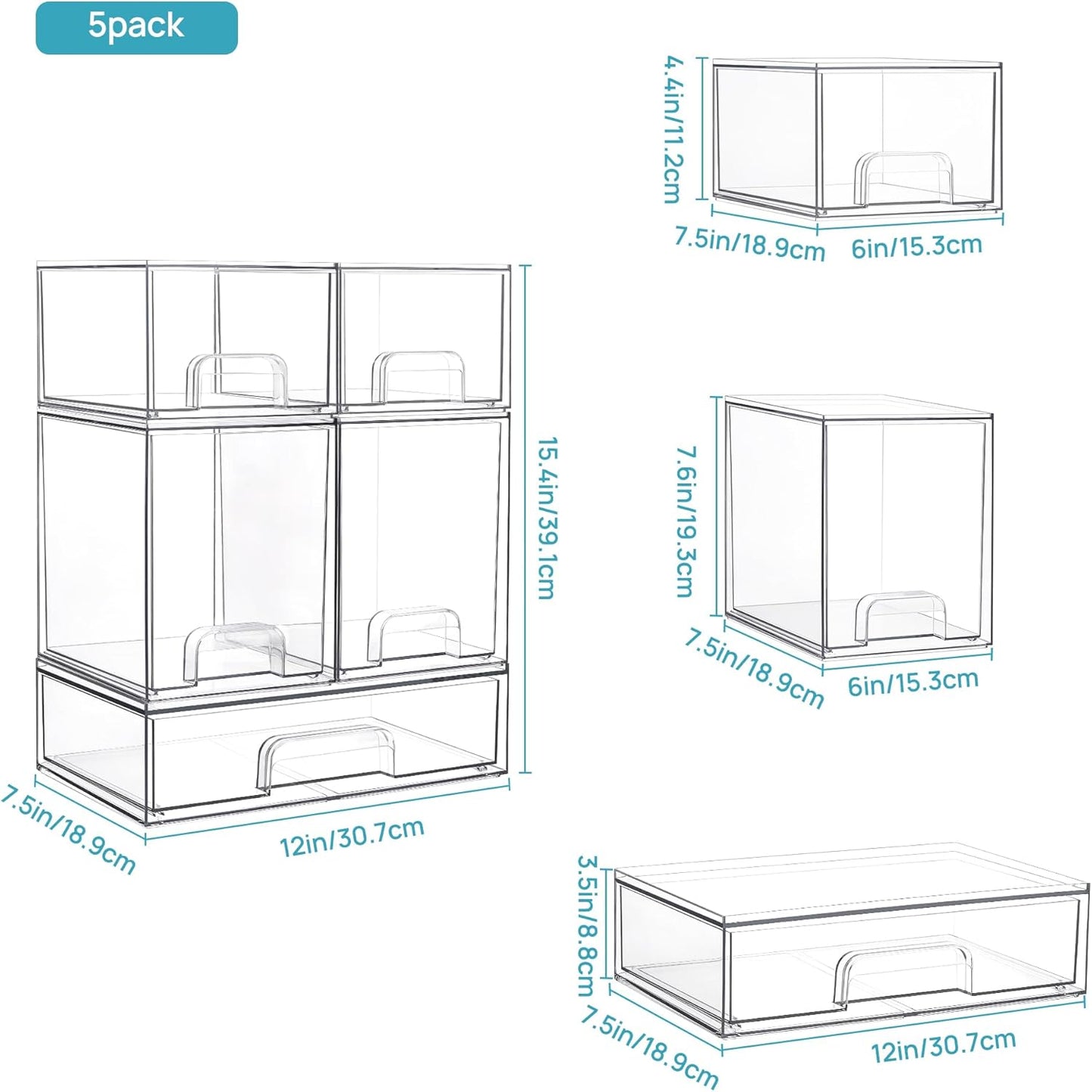 Vtopmart Stackable Storage Drawers Set of 4, Clear Plastic Organizer Bins for Bathroom Supplies,Ideal for Cabinet,Pantry,Laundry Room Organization