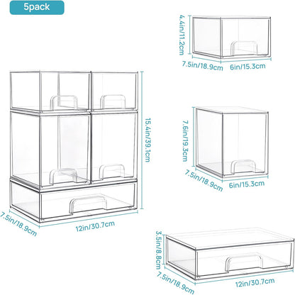 Vtopmart Stackable Storage Drawers Set of 4, Clear Plastic Organizer Bins for Bathroom Supplies,Ideal for Cabinet,Pantry,Laundry Room Organization