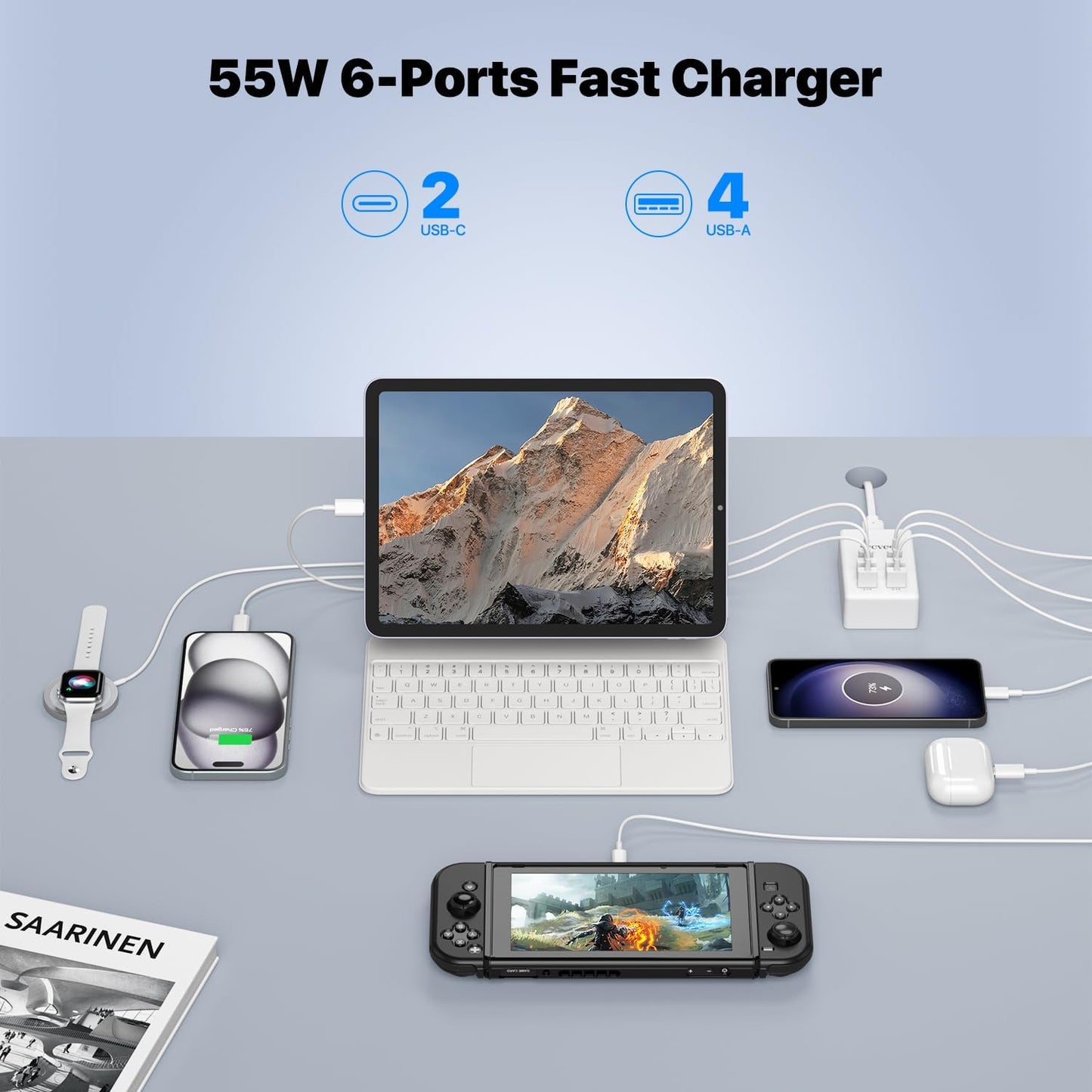 USB C Charger,10 Ports USB Charging Station with 6 Ports USB-C, Desktop 50W Multi Ports Charger Compatible with iPhone 12/13/14/15/16/Galaxy S22/S23/S24/S25/Tablet/Watch/Headphones