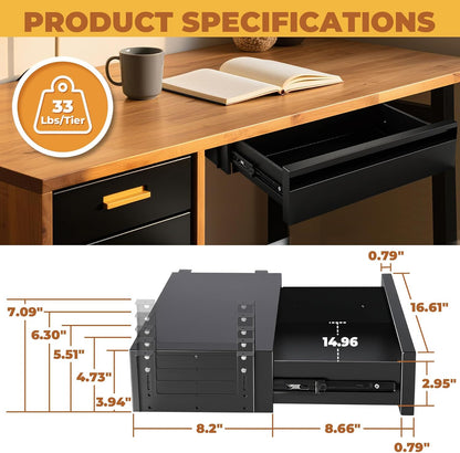 POPMOON 13.8 in Under Desk Drawer For Desk, Pull out Storage Organizer with Slide Extension Mounted Under Flat Wooden Table or Workbench, Carbon Steel Undermount Drawer,Black