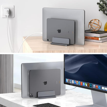 YICOSUN Aluminum Vertical Laptop Stand for Desk - Adjustable Width Dock for MacBook, Surface, Samsung, HP, Dell up to 17.3 inches - Space-Saving & Protective Design - Gray