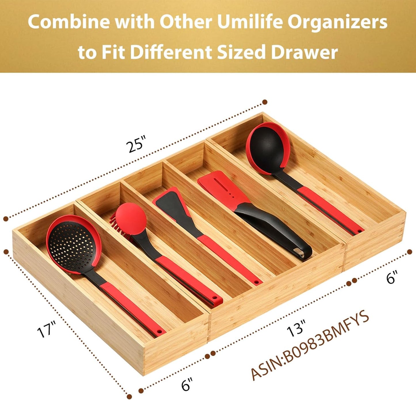 Umilife Bamboo Kitchen Drawer Organizer, Extra High Silverware Tray, Flatware Cutlery Storage Box, Multi-Use Holder in Office, Bathroom, Pantry - 9"x6"x2.5" (Set of 2)