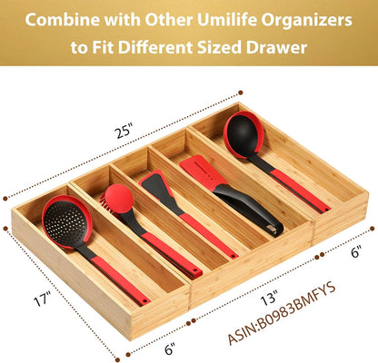Umilife Bamboo Kitchen Drawer Organizer, Extra High Silverware Tray, Flatware Cutlery Storage Box, Multi-Use Holder in Office, Bathroom, Pantry - 9"x6"x2.5" (Set of 2)