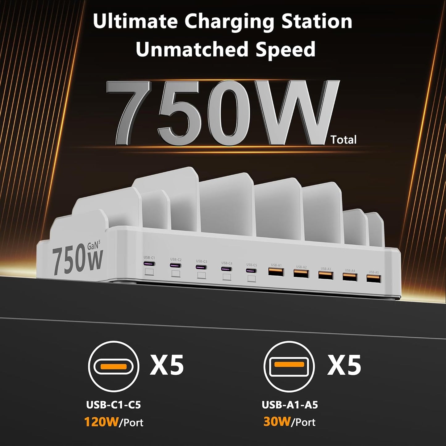 750W Charging Station for Multiple Devices, Zobirez 10-Port Fast Charger, 5 USB-C 120W Each and 5 USB-A 30W Each, Desktop Charging Hub for Laptop Phone Tablet, Black