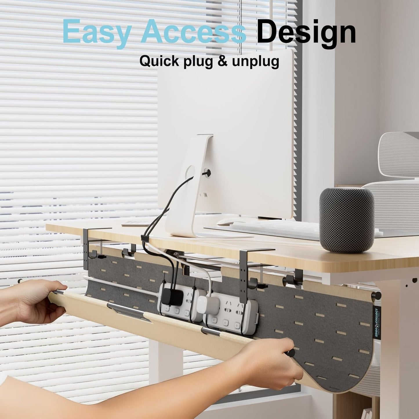 2-in-1 Under Desk Cable Management Tray & Privacy Panel, Dual-Sided Thick Felt Cord Organizer with 20 Cable Ties,Heavy Duty Steel Frame Support, No-Drill Clamp Mount,Large Capacity (Khaki/Gray, 45.2")