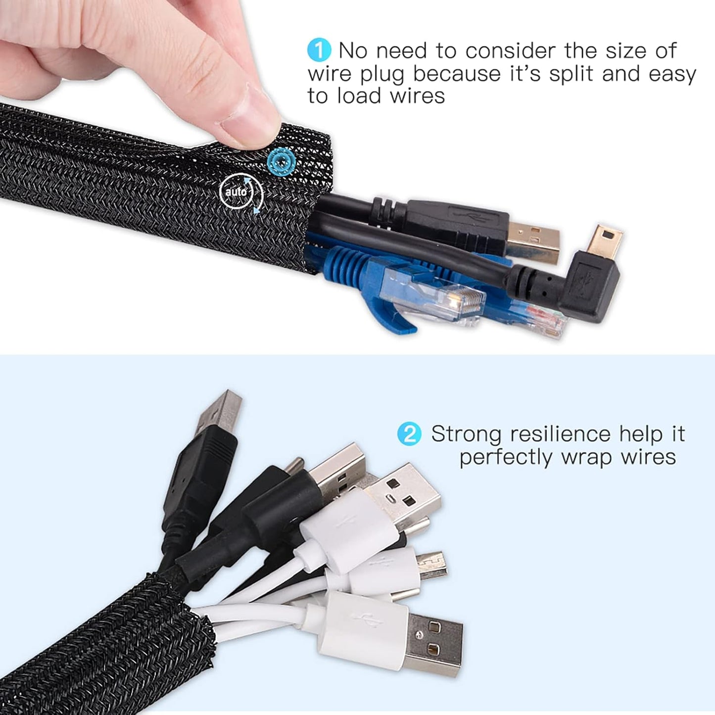 AGPTEK White Cable Sleeve, 2 Pack 5ft - 1.2 Inch Cable Management, Desk Cord Cover Organizer Wire Hider for Computer TV Wire Loom Tubing, Pet Proof Cord Protector from Cat Dog Chewing, White