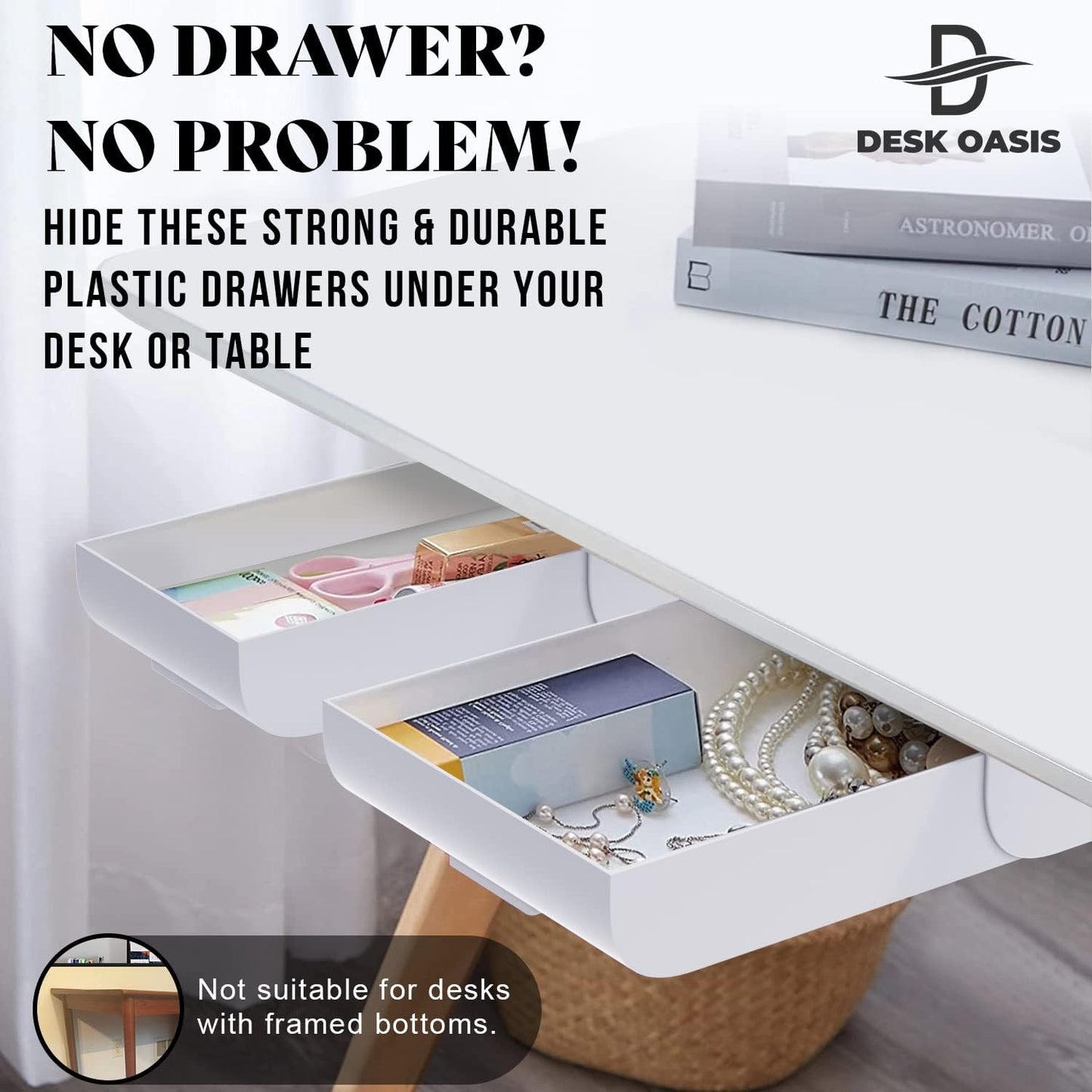 2 Pack Under Desk Drawer Organizer, Slide Out Storage for Pens, Cables & Office Accessories with Self Adhesive, No Drill Installation, Hidden Desk Storage for Office and Home