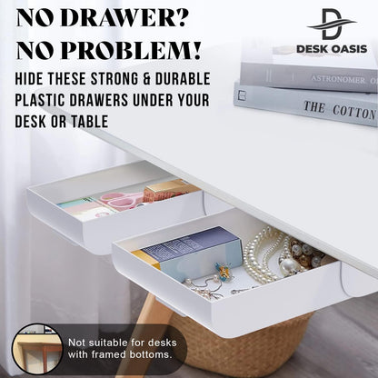 2 Pack Under Desk Drawer Organizer, Slide Out Storage for Pens, Cables & Office Accessories with Self Adhesive, No Drill Installation, Hidden Desk Storage for Office and Home
