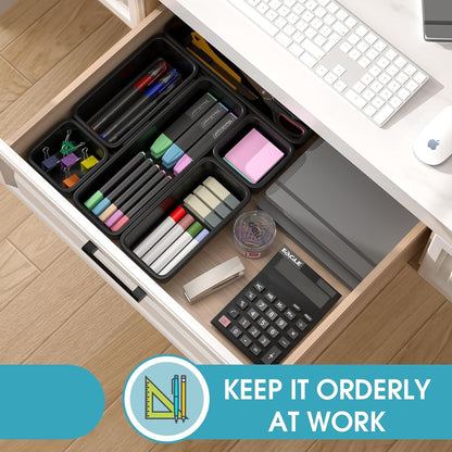 StoreHappily 10 PCS Drawer Organizer Set, 4 Size Makeup Drawer Divider Organizer With Non-Slip Pads, Interlocking Plastic Storage Bins for Office,Jewelry Vanity,Gadgets, Bathroom,Kitchen, Black