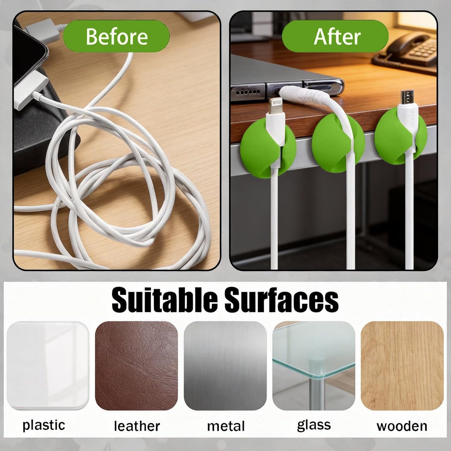 3PCS Cord Holder Cable Clips, Round Silicone Adhesive Cord Organizer Charger Holder Wire Management Keeper for Home, Nightstand, Desk, Office or Mouse, Light Green