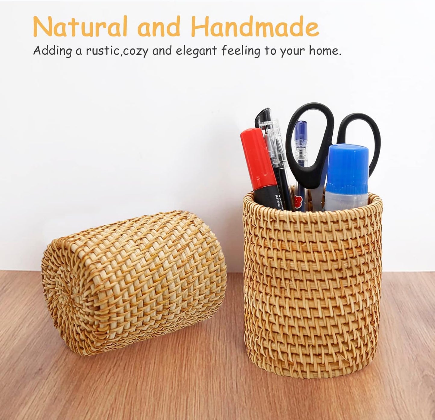 2 Pack Rattan Pencil Holder for Desk Handmade Pen Organizer Bucket Boho Desk Accessories Pen Cup Holder Aesthetic Holder for Desk Cute