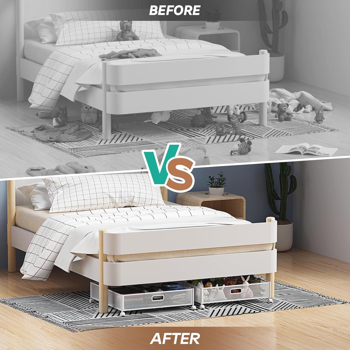 PHINOX Under Bed Storage Containers with Wheels, Under Bed Shoe Storage Organizer Drawer, Tool-free Assembly Metal Storage Containers for Bedroom Clothes Shoes Blankets -2PCK