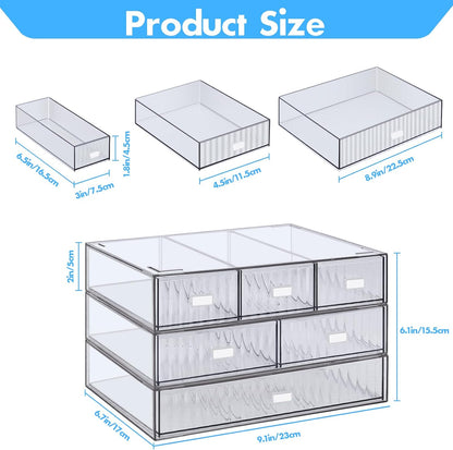 3 Tier Stackable Desk Organizer with 6 Drawers, YOCOMEY Plastic Desktop Storage Box Drawers, Detachable Makeup Storage Office Stationery Supplies Organizer for Office School(Clear)
